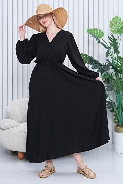 EL jadida Women's Double Breasted Collar Plus Size Viscose Long Dress Black