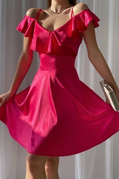 Mossta Ruffled Satin Dress with Off Shoulder Straps - Fuchsia