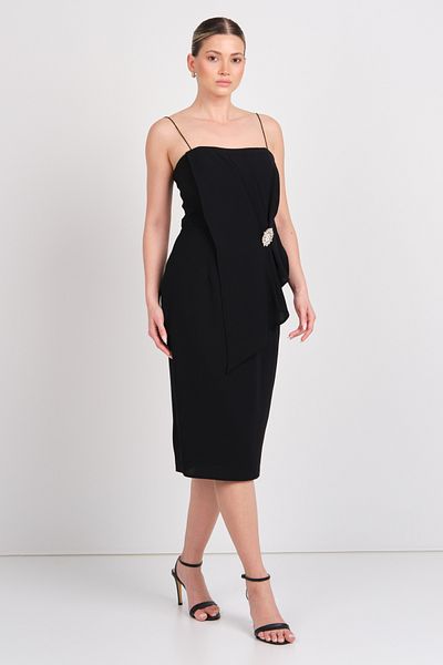 EXPLOSION Women's Rope Strap Waist Buckle Midi Evening Dress 7818 Black