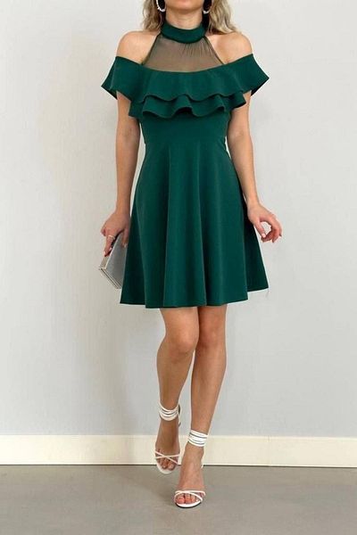 Mossta Halter Neckline Ruffle Detailed Mini Dress - Green