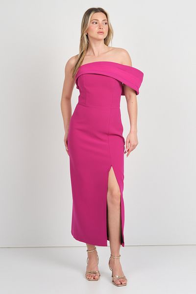 Dans Women's Sleeve Detailed Strapless Midi Evening Dress 1816 Fuchsia
