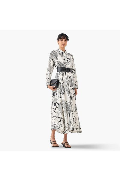 Iconic Printed Trapeze Maxi Dress with Collar and Long Sleeves