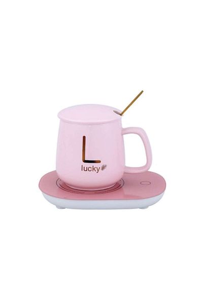 OEM Ceramic Mug Set with Warmer, Spoon, Constant Temperature 55°C, 220V, 400ml, Pink