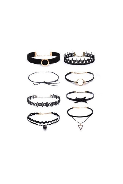 BLACK Set de 8 coliere elegante tip choker, negre