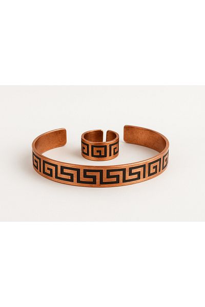 materialist Copper Antique Patterned Unisex Bracelet & Ring Set – Adjustable Size – Energy Balancer