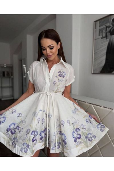 SOFT Floral Hidden Button Detail, Tie Detail at the Waist Linen Dress Z.Mmerman Model