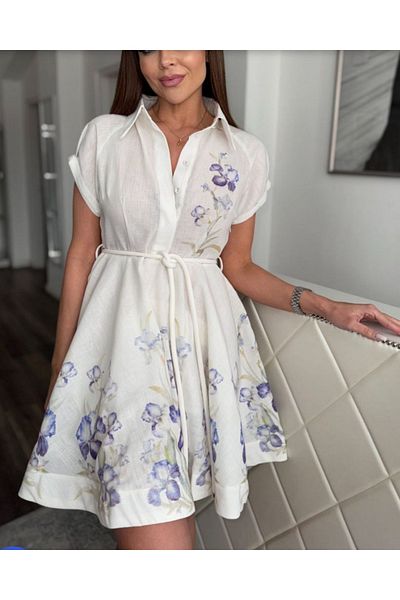 SOFT Floral Hidden Button Detail, Tie Detail at the Waist Linen Dress Z.Mmerman Model
