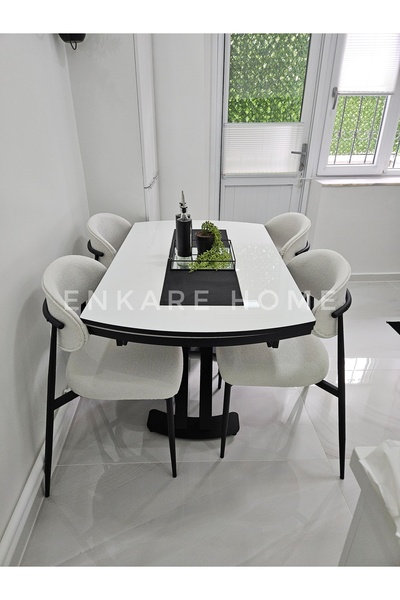 Enkare X Ayaklı Gloss Masa & Sera Sandalye Takımı | Açılır Mdf Masa + 4 Sandalye | 80x130-190 |Mutfak Salon