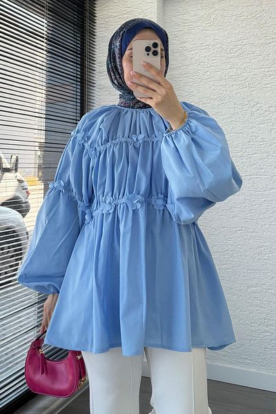MELEK ARAZ Reglan Floral Detailed Poplin Tunic – Blue