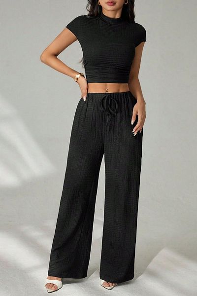 Trendseninle Black Short Sleeve Tight Waist Gathered Blouse Pants Knitted Wrap Suit