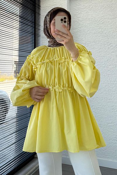 MELEK ARAZ Reglan Floral Detailed Poplin Tunic – Yellow