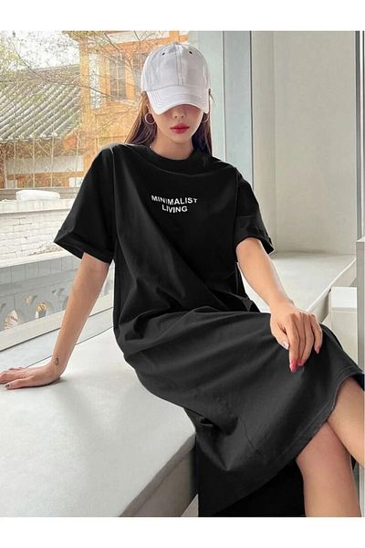 npLStore Women's Minimalist Printed T-Shirt Crew Neck Dress/Tunic