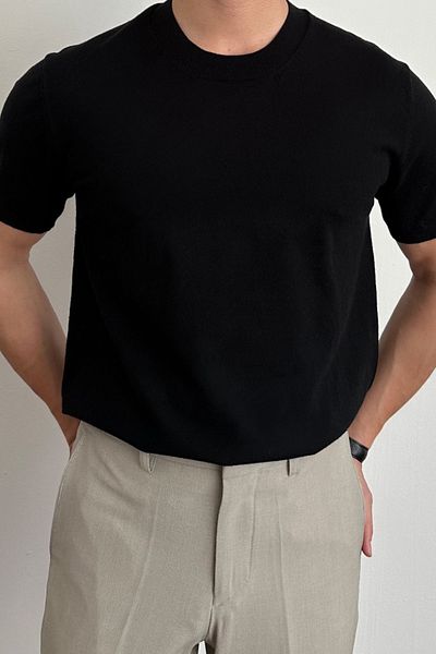 Tarz Cool Ανδρικό μπλουζάκι μαύρο Slim Fit Crew Neck Knitwear
