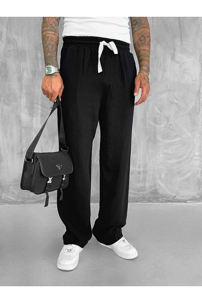 ablukaonline Men's Relaxed Fit Baggy Fit Muslin Trousers Black