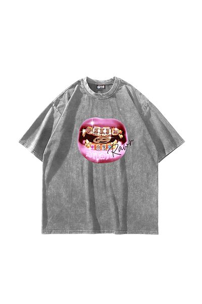 Sekizbiraltı Rawr Teeth Printed Oversize Unisex Washable White Tshirt