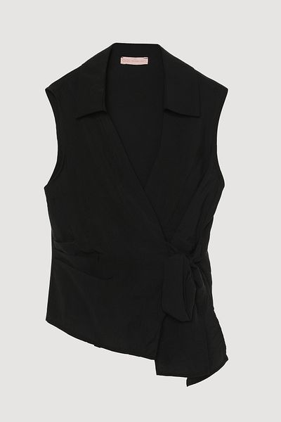 Quzu Double Breasted Collar Tie Sleeveless Blouse Black