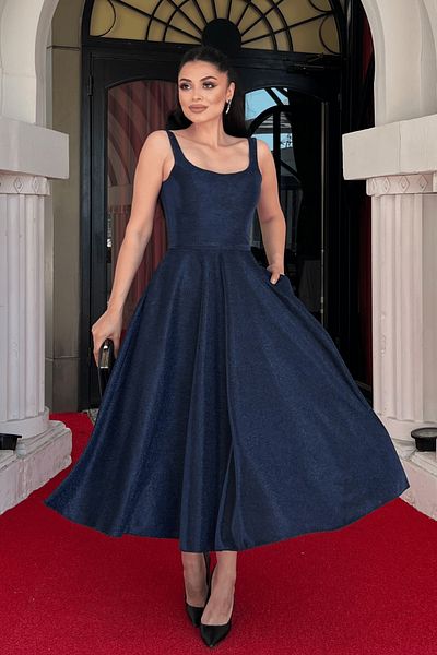 giyimmasalı Glitter Fabric Strap Midi Dress - Dark Blue