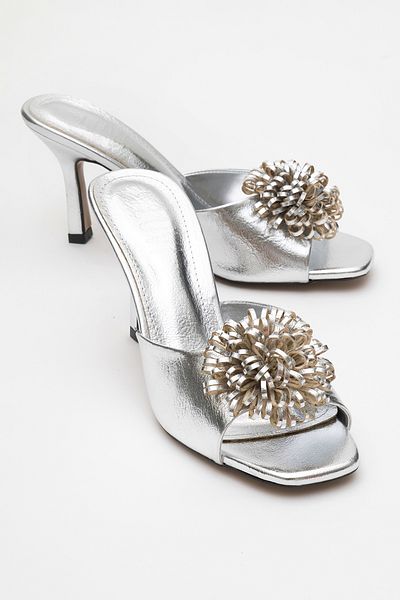 LuviShoes Shana Silver Floral Women's Thin Heeled Slippers