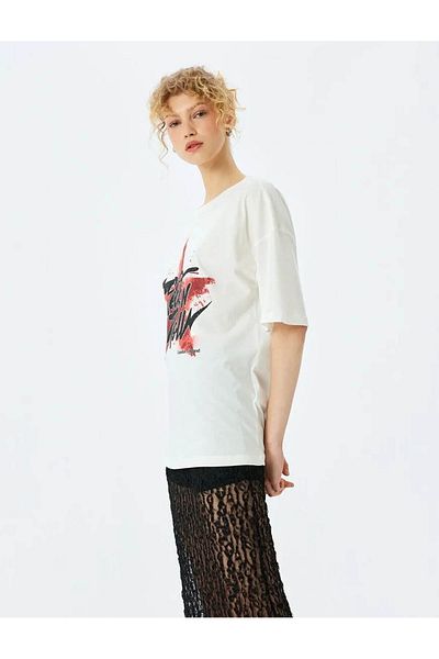 Koton Slogan Printed Ecru Women's T-Shirt 5Sal10376Ik