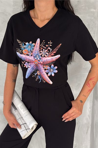FEMELLE Women's Black 100% Cotton Plus Size T-Shirt V-Neck Starfish Sequins Sequins Embroidered