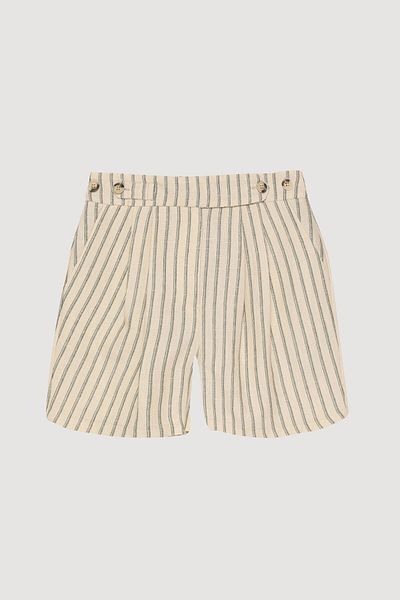 Quzu Pins Detailed Striped Linen Beige Women's Shorts Srt00315