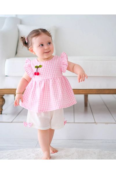 aysskids Cherry Plaid Cherry Detailed Baby Girl Double Set