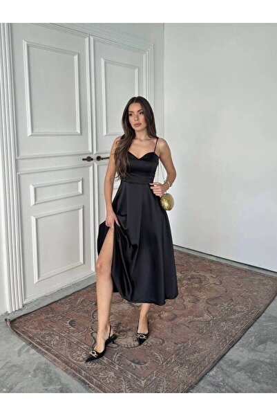 MAXMOOR HANAN SATEN ASKILI MİDİ PRENSES SİYAH ELBİSE