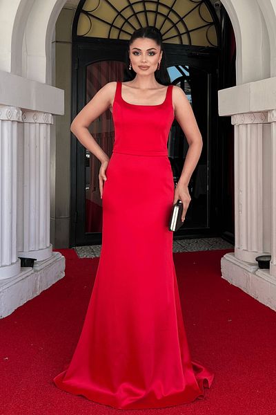 giyimmasalı Satin Fabric Back Fish Maxi Dress - Red