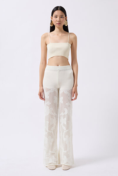 WOMAN VISION Ecru Knitted Knitwear High Waist Wide Leg Design Beach Pants 004
