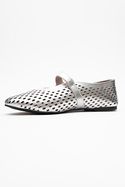 LuviShoes Ari̇an Silver Genuine Leather Perforated Women's Ballerina Shoes