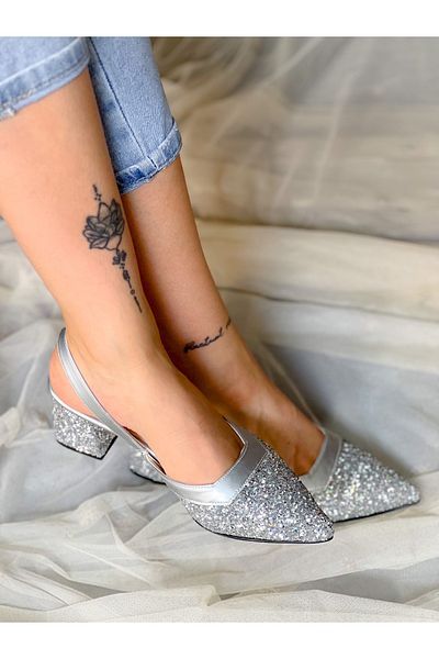 BERFONA Ava Silver Stone 5 cm Heel Sandals