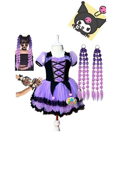 3b kids Kuromi Dressee Kuromi Costume Kuromi Purple Bubble Hair 2Pcs Kuromi Tulle Gloves Set Party Birthday