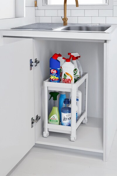 Sas Haus Flex Elite Pro 2-Tier White Multi-Purpose Bathroom & Kitchen Organizer Shelf with Wheels - under Sink Shelf