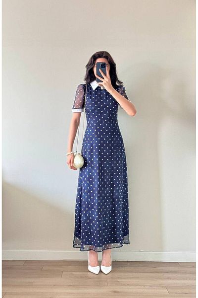 LOCH BUTİK Women's Navy Blue Collar Brooch Polka Dot Rose Detailed Dress