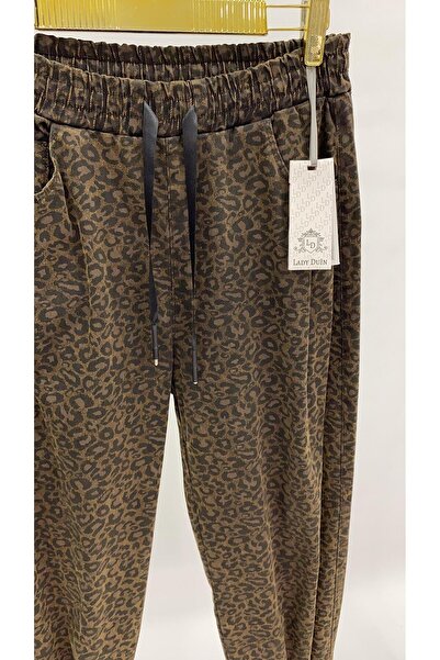 LADYDUİN Bel Lastikli Leopar Baskılı Pile Detaylı Kadın Şalvar Pantolon