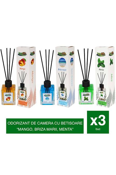 PureLife Room freshener with sticks – 120 ml, Set of 3 scents (Mango, Sea Breeze, Mint)