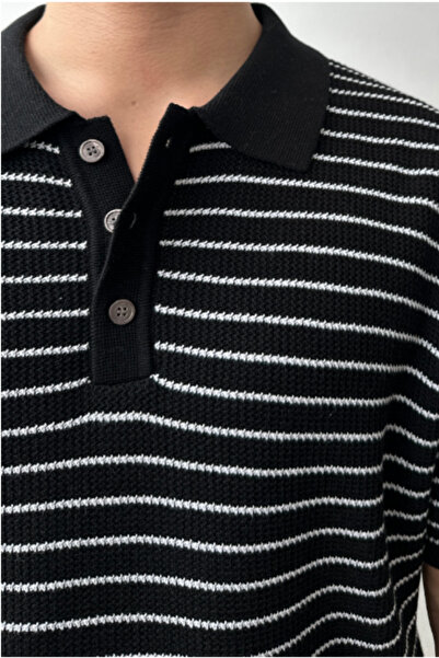 Tarz Cool Ανδρικό μπλουζάκι με μαύρο ριγέ κουμπιά με κανονική εφαρμογή