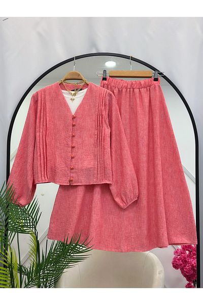 YEDİLALE Long Sleeved Summer Shirt Skirt with Clover Button Double Set