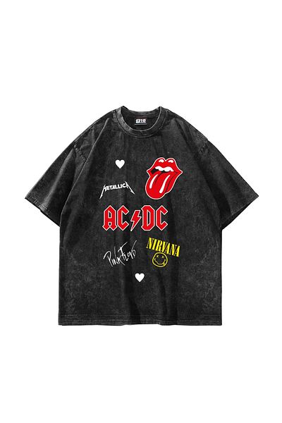 Sekizbiraltı Rock N Roll Printed Oversize Unisex Washable Black Tshirt