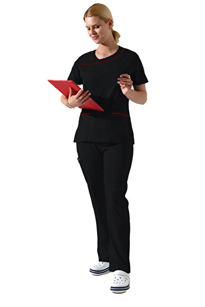 BEDUCA طقم سكراب بتفاصيل ياقة ليكرا سوداء، زي موحد لمراكز التجميل ومستحضرات ا...