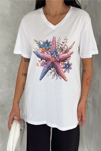 FEMELLE Women's White 100% Cotton Plus Size T-Shirt V-Neck Starfish Sequins Sequins Embroidered