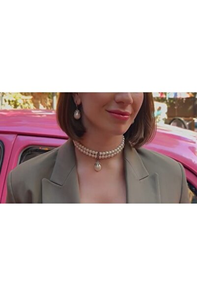TMD AKSESUAR Drop Pearl Two Rows Glass Pearl Ancient Chocker Necklace Earring and Bracelet