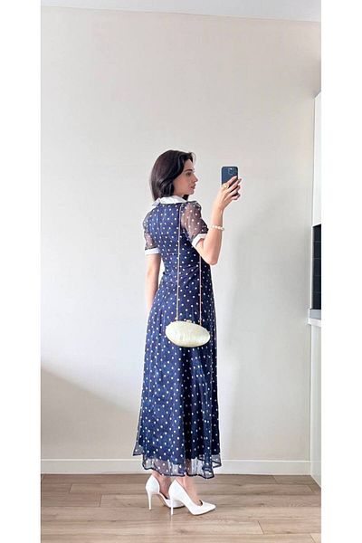 LOCH BUTİK Women's Navy Blue Collar Brooch Polka Dot Rose Detailed Dress