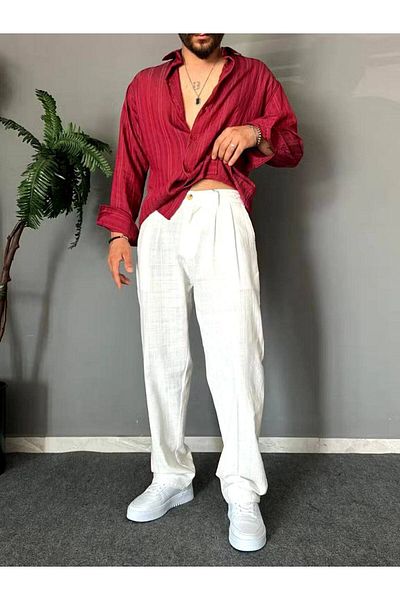 BASEL.CO Old Money Pleated Baggy Fit Summer Linen Trousers with Elastic Waist