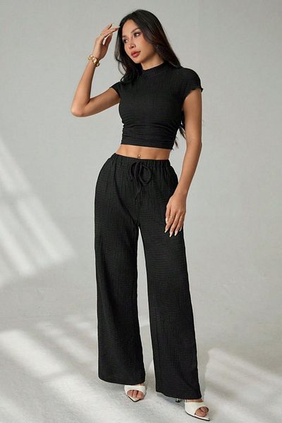 Trendseninle Black Short Sleeve Tight Waist Gathered Blouse Pants Knitted Wrap Suit