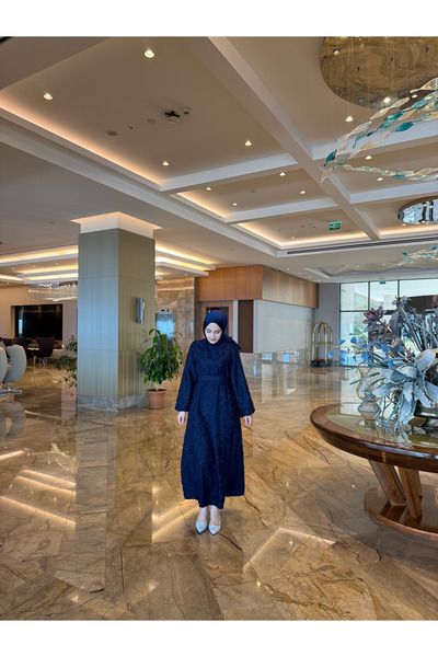 welting Simli Desenli Tesettür Abiye Elbise Lacivert