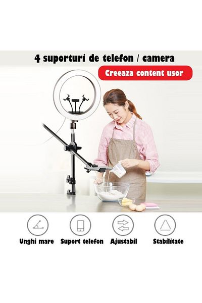 REVOSE Lampa Circulara Ring Light ™ Cu Extra Brat Si 3 Suporturi Telefon, Diametru 36cm