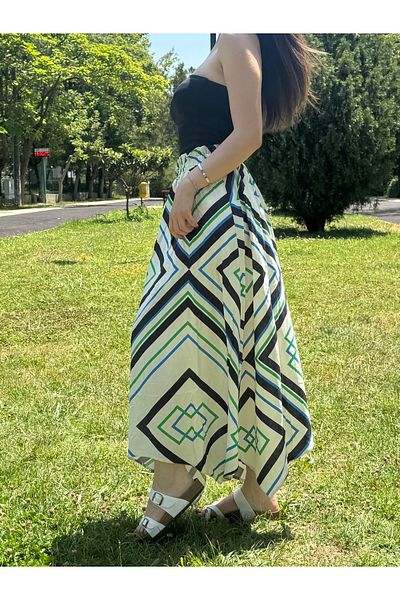 sielta Fusta lungă de damă cu talie elastică, tăiată asimetrică, cu model