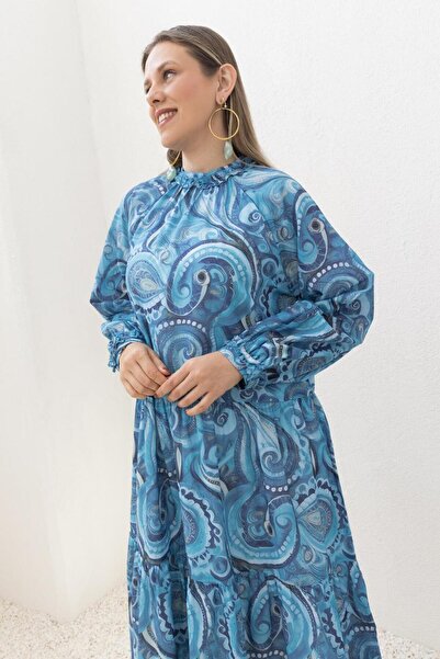 ALLDAY Mavi-İndigo-Desenli Etek Fırfırlı Elbise