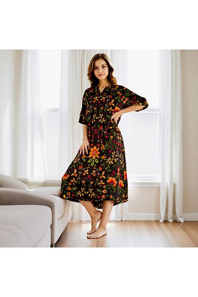 FAV Printed Night Dress with Collar and 3/4 Sleeves